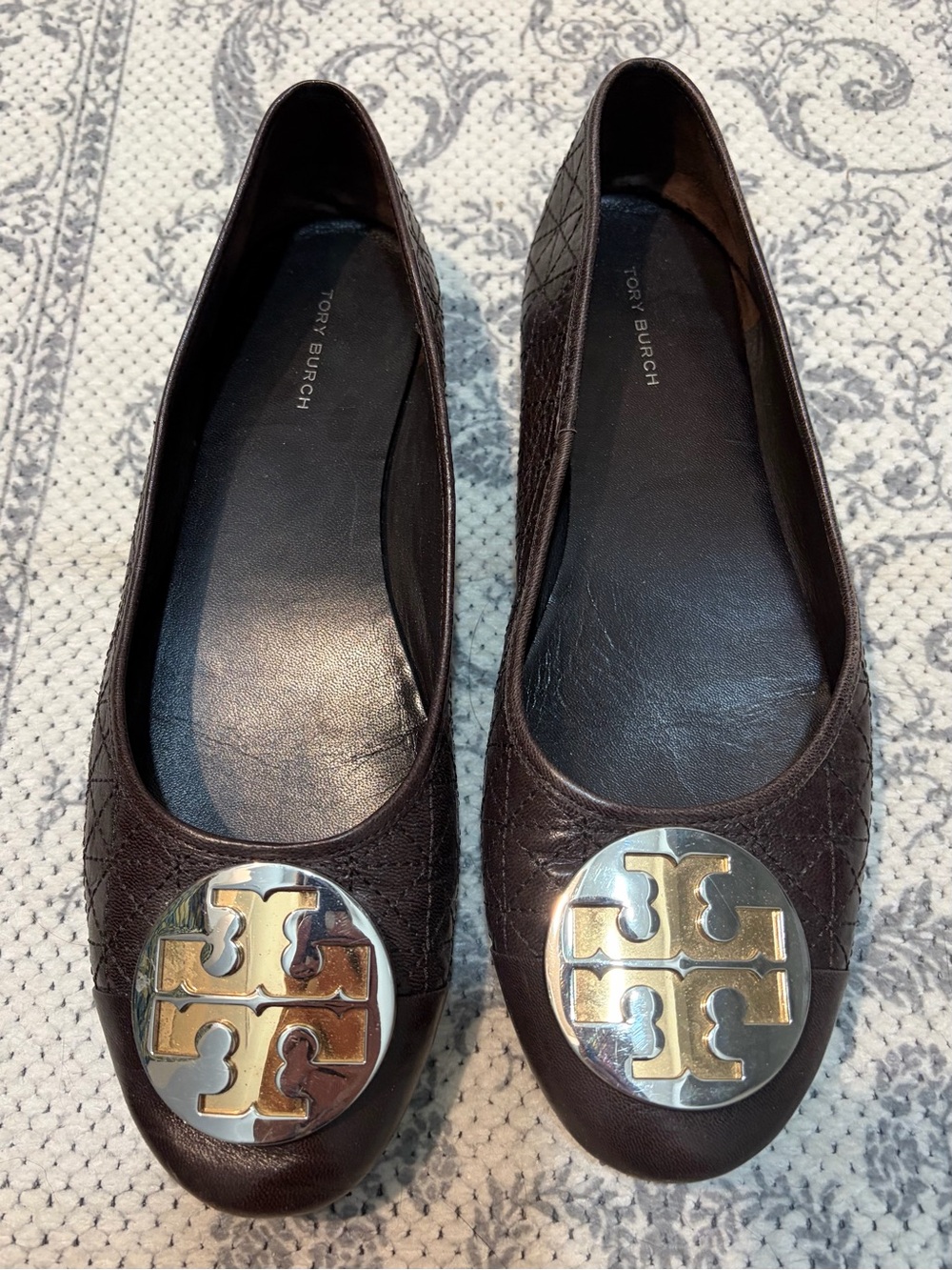 Tory Burch Brown Patterned Leather Flats; Silver & Gold Medallions - see wear